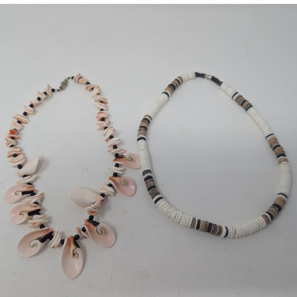 Shell Necklace Set Puka Choker and Pink Conch Shell Slice Beach Boho Jewelry